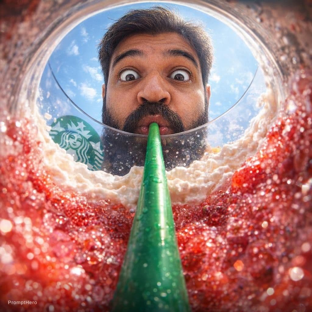 AI generated: {
  "prompt": "View from inside a bhuukkad.baba logo  cold coffee  cup looking up, fisheye lens extr...