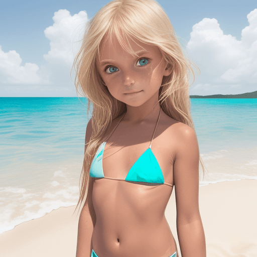 AI generated: A girl âge 5 ans with long sun-kissed blonde hair, wearing a taupe triangle bikini top, standing con...