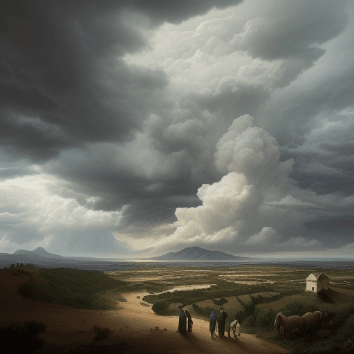 AI generated: Un paisaje antiguo, con gente en actitud de pecado, cielos oscuros y nubes de tormenta formando un d...