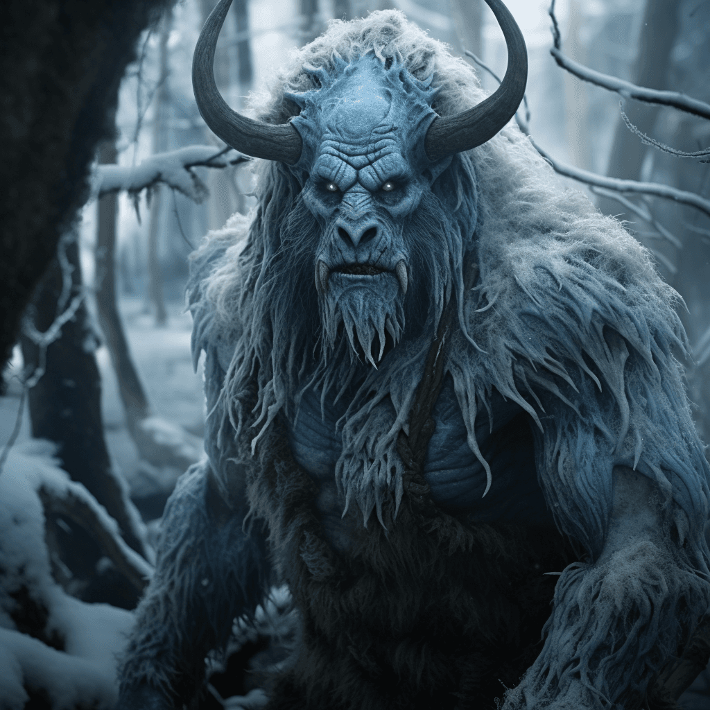 AI generated: scary horned ogre, 20 meter tall, full body, blue eyes, frozen taiga forest with blue mushrooms on t...