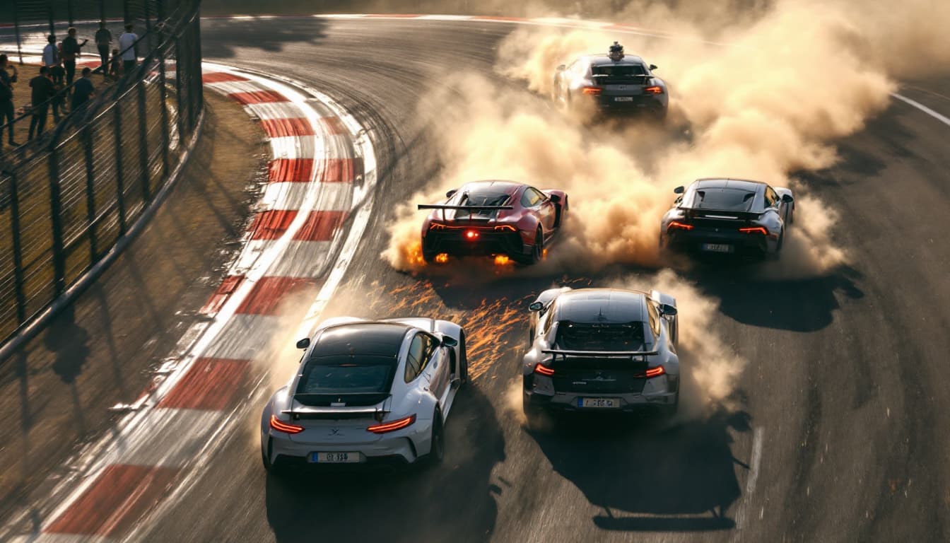 AI generated: The race track is well lit by sunlight.       Ahead, two cars collide on the track at a sharp turn a...