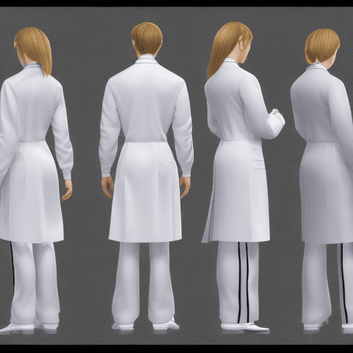 AI generated: Facility admin, lab coat, formal, female, long pants, full body, model sheet, turn around, full colo...