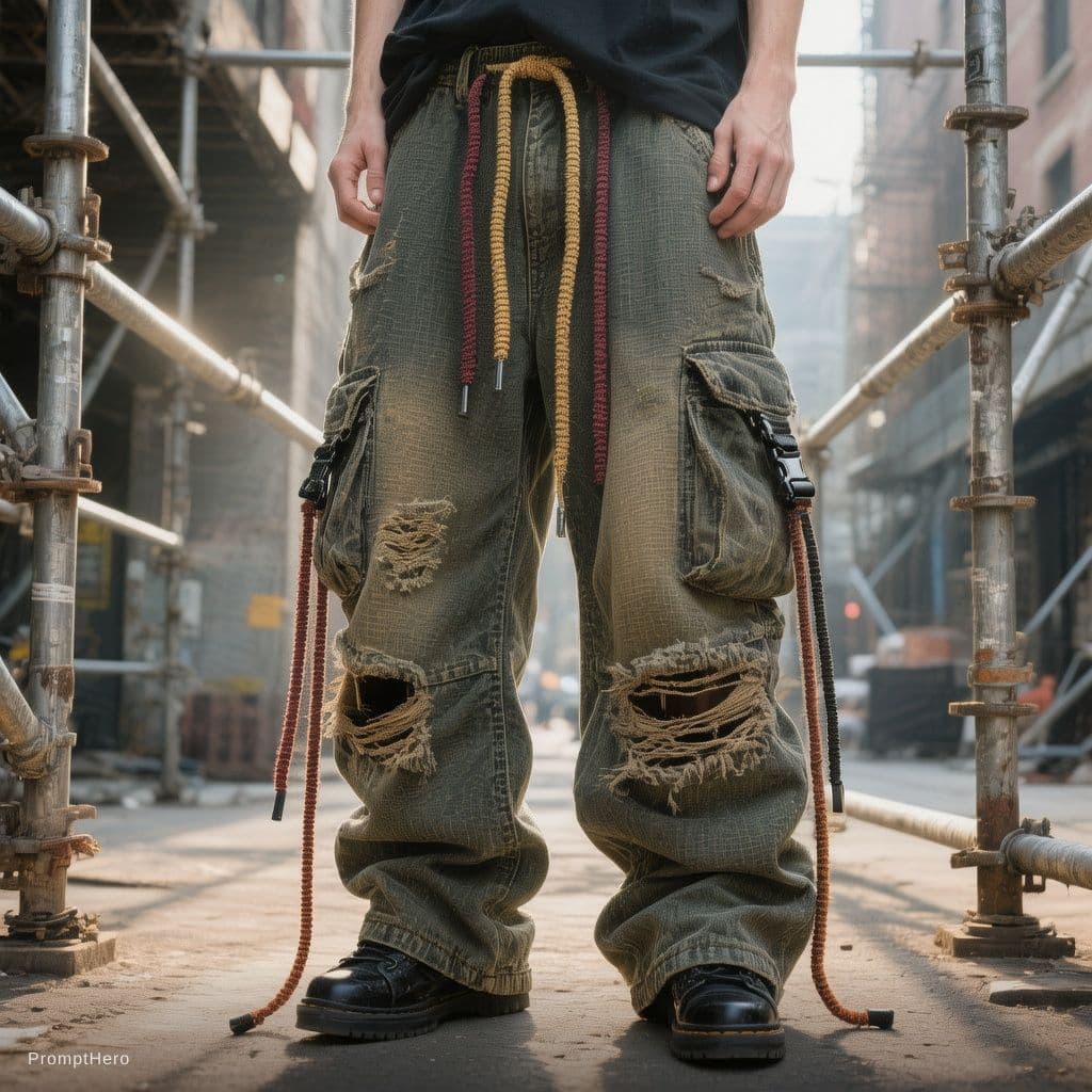 AI generated: photorealistic, wide angle, toe to head composition, distorted, street style of fashion, man model, ...