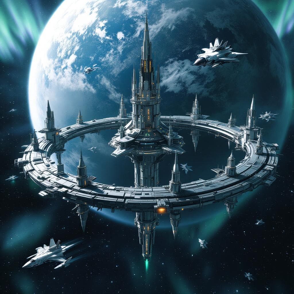 AI generated: “A massive orbital space station in Earth's upper orbit, capable of docking ten massive interplaneta...