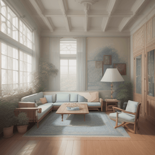 AI generated: High resolution photography interior design, dreamy sunken living room conversation pit, wooden floo...
