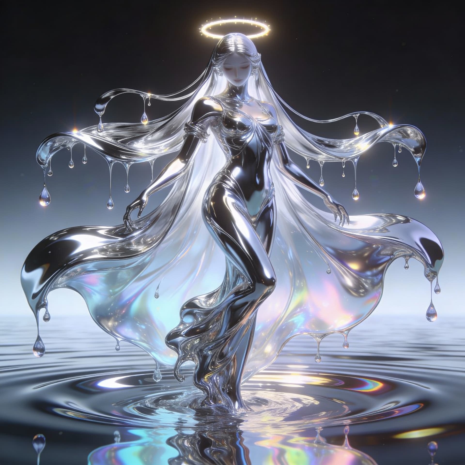 AI generated: A celestial maiden formed from liquid mercury, her body sleek and reflective like polished chrome. S...