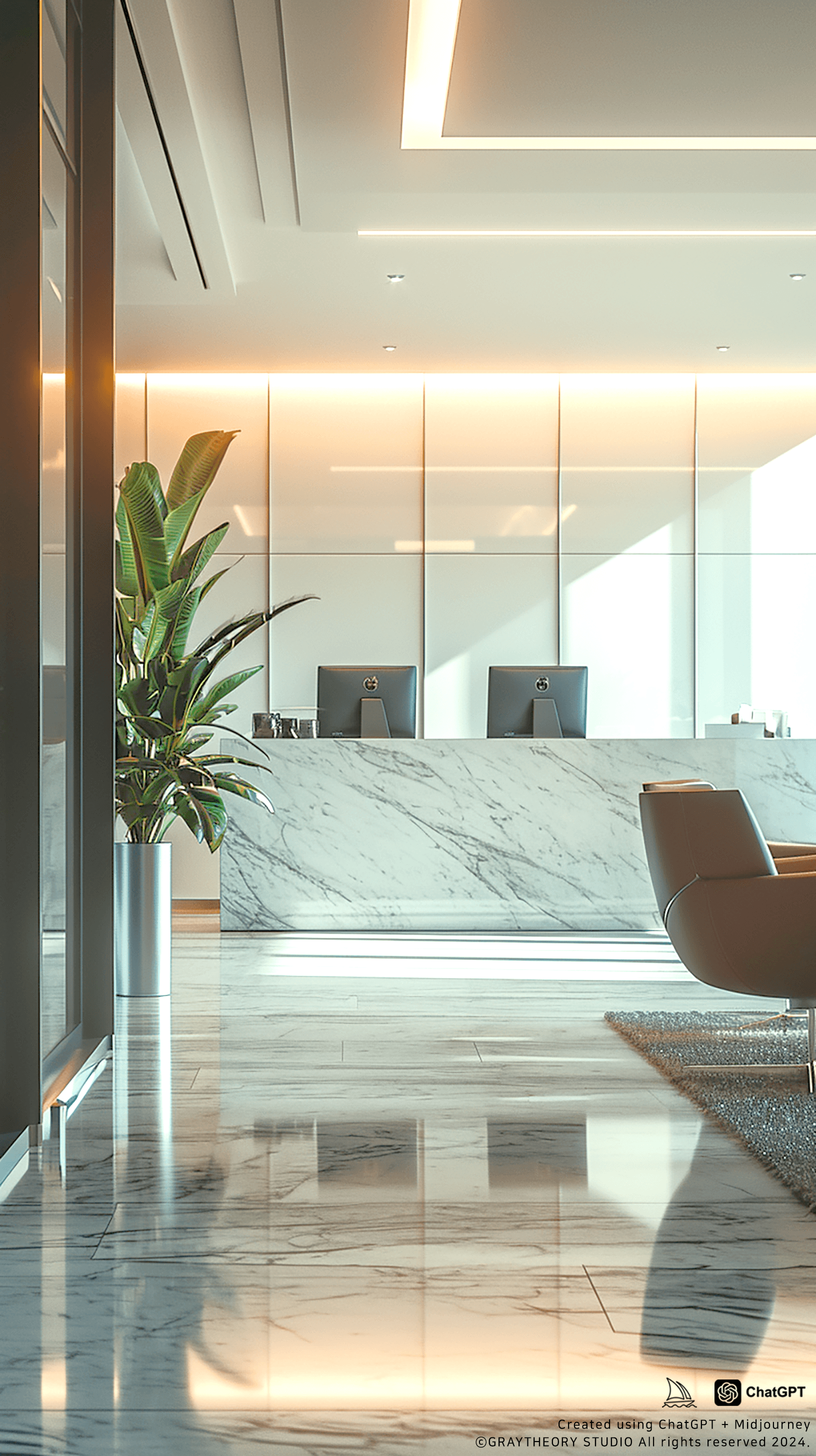 AI generated: Front view of a sleek financial firm office, minimalist and elegant, Sony A7R IV, 85mm lens, contemp...