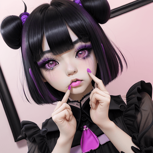 AI generated: Korean girl, jirai-kei makeup, xiaohongshu makeup, douyin girl, shaggy bangs, shaggy black hair, emo...