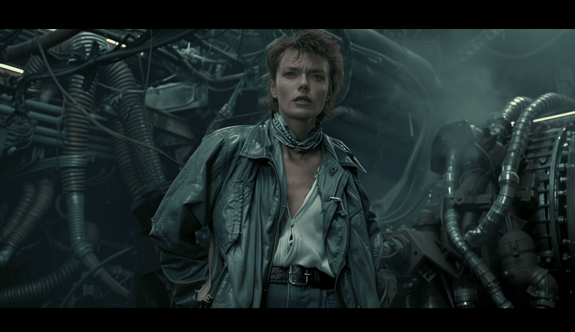 AI generated: A cinematic still from an alien horror movie of the 1980s, space pilot character in her flight jacke...
