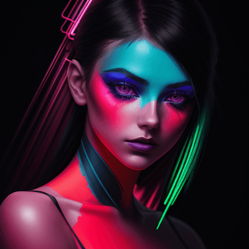 AI generated: this girl is wearing neon colored makeup, in the style of cinematic lighting, light crimson and azur...
