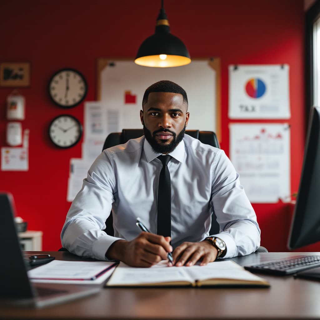 AI generated: BLACK TAX PROFESSIONA IN A MODERN OFFICE THAT HAS A RED WALL AND TAX PAPERS ON DESK
