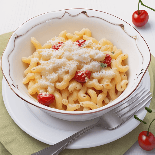 AI generated: Hyper realistic Macaroni with brie cheese and cherry tomatoes, daylight