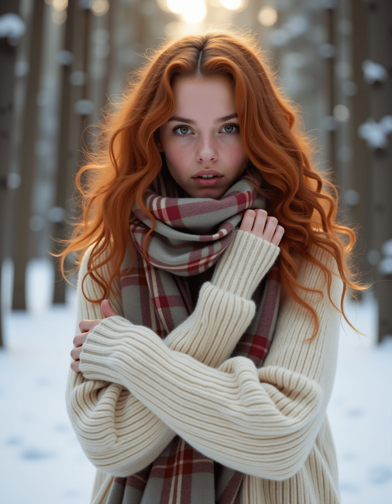 AI generated: Wavy Auburn Hair, Irish Ethnicity, Cozy Winter Style, Snowy Forest: A hyperrealistic portrait of a b...