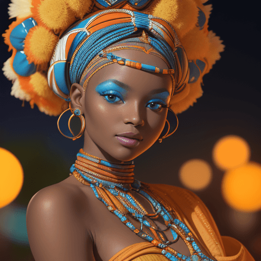AI generated: a Carmel-skinned beauty dressed in a very colorful outfit, in a african style uhd image, light blue ...