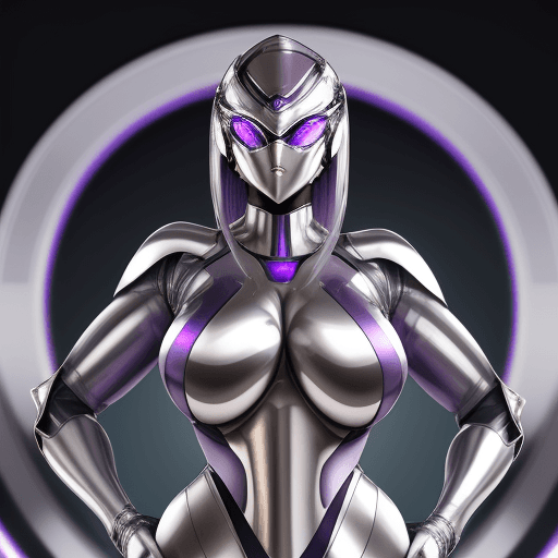 AI generated: shiny lavender and chrome colored ultra-futuristic and ultra-streamlined female armored super suit w...