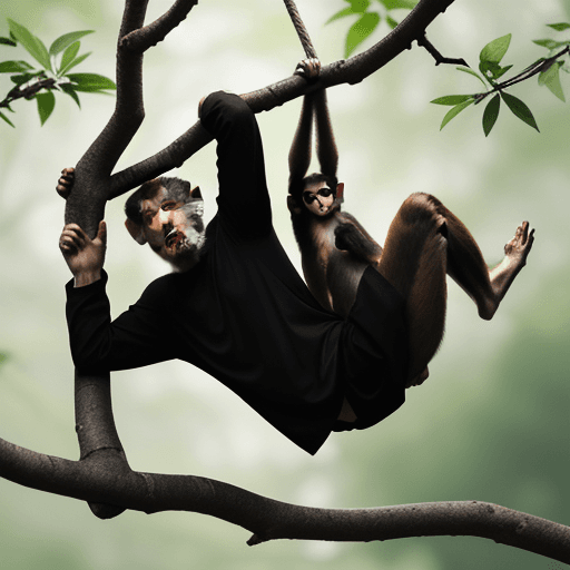 AI generated: a monkey hanging on a branch wearing a black shirt