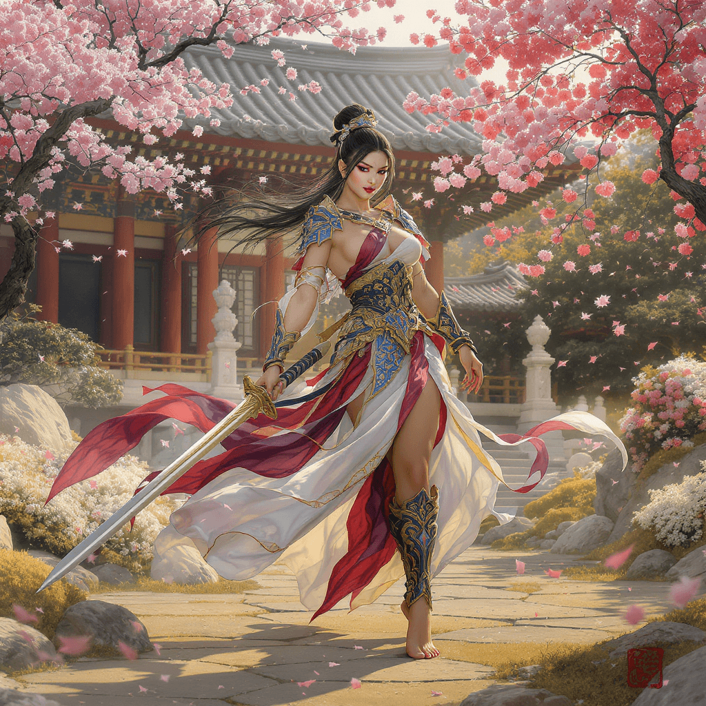 AI generated: Graceful Chinese warrior, Amazon inspiration, barefoot, full body view, focus on perfect feet perfec...