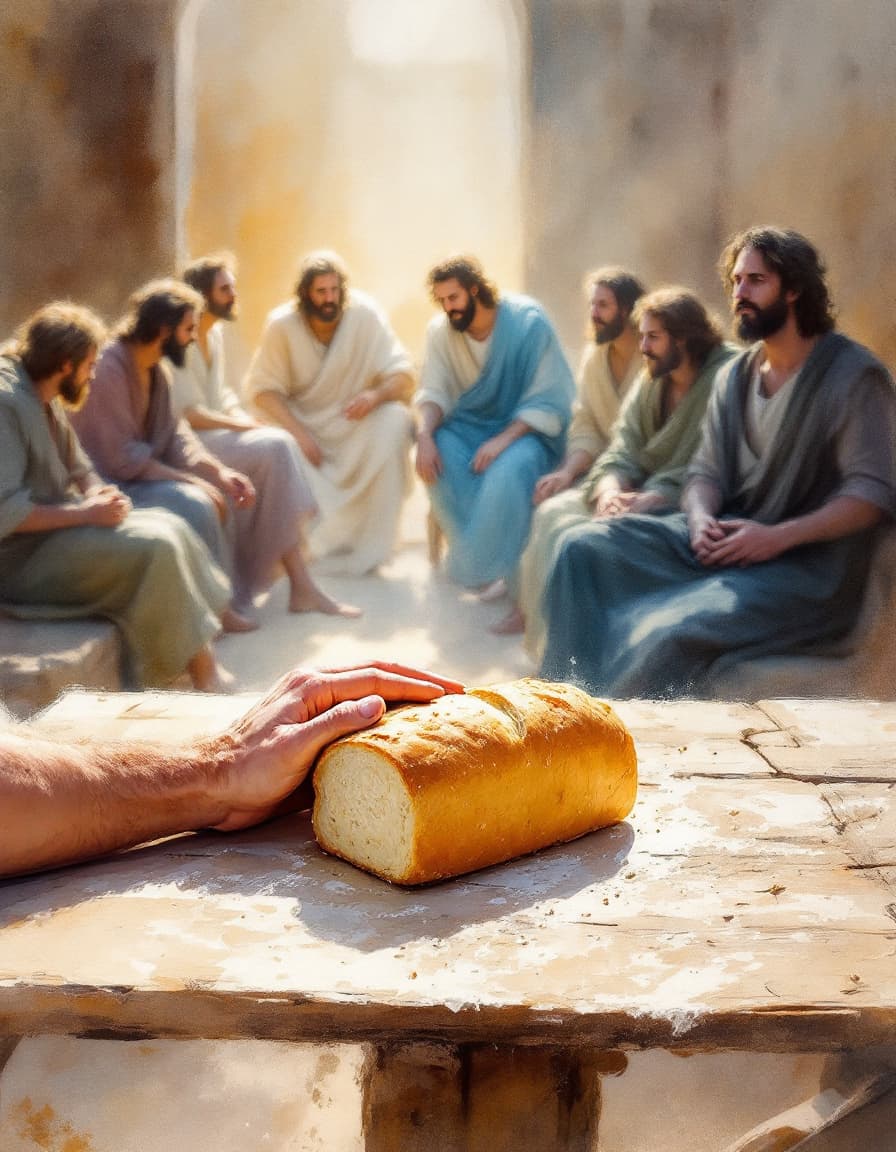 AI generated: stunning watercolor on canvas of a point of view from Jesus, showing only his own male hands in the ...