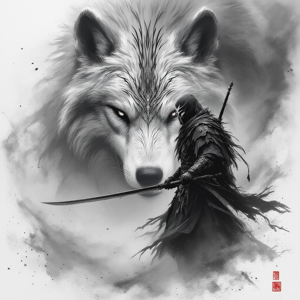AI generated: Turkish cavalry warrior in front of a wolf, in the style of minimalist ink wash, 2d game art, witchc...