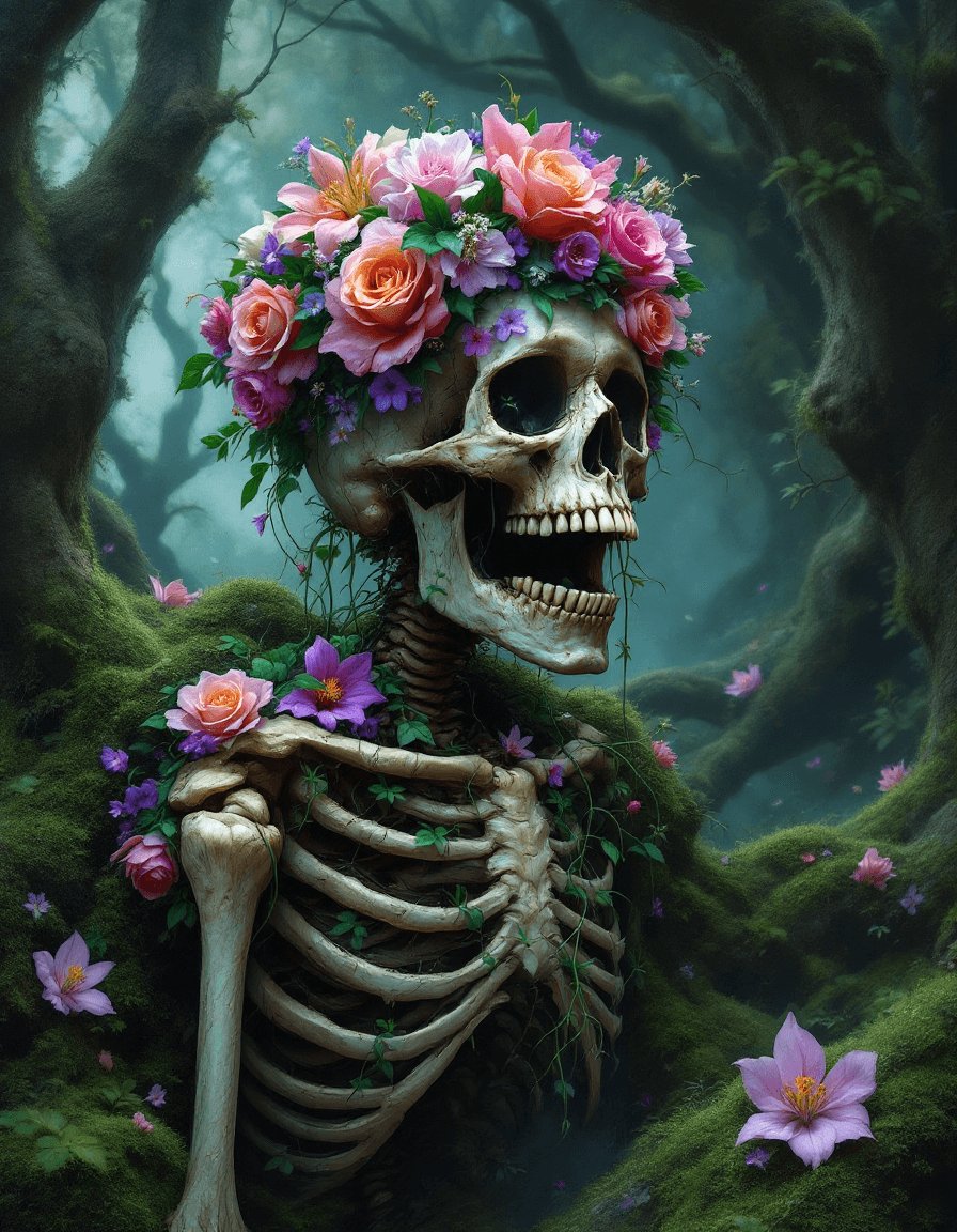 AI generated: A decayed skeleton enshrined in a surreal forest, its skull crowned with a blooming halo of vibrant ...