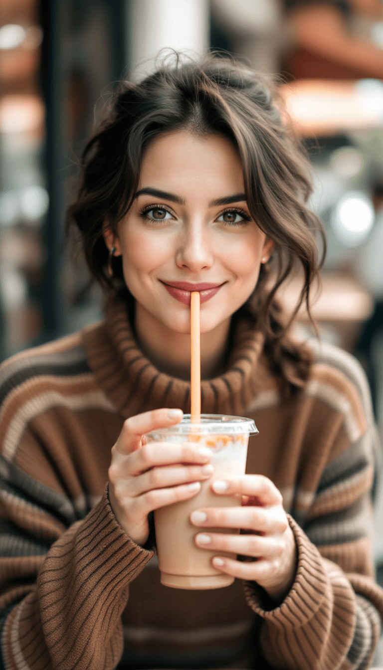 AI generated: A woman sitting outdoors, sipping a drink from a transparent cup with a straw, wearing a brown strip...
