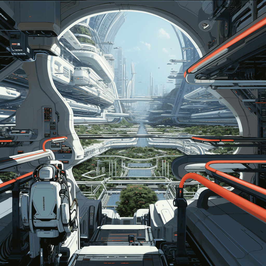 AI generated: Inside spaceship, Tsutomu Nihei style, Sidonia no Kishi, gigantism, laser generator, multi-story spa...