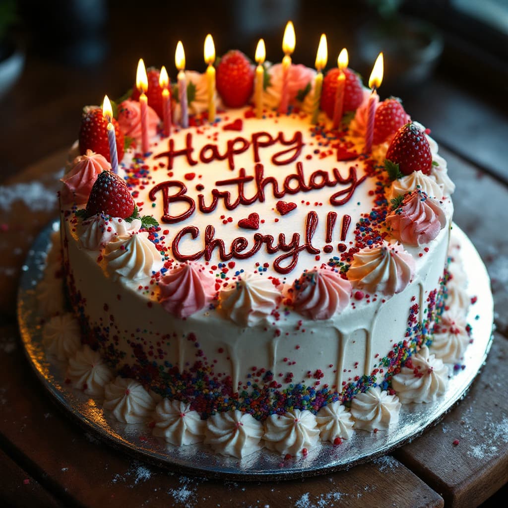 AI generated: hyper realism, high detail, cake, that says happy birthday Cheryl!! on the icing, whole cake
