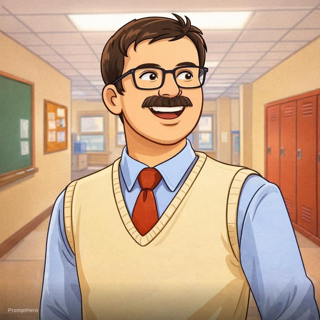 AI generated: The same image features, but made cartoonish with natural colors and a school background.