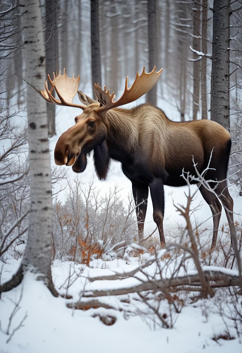 AI generated: A magnificent moose, tall and powerful, stands among bare trees during winter, snow on the ground