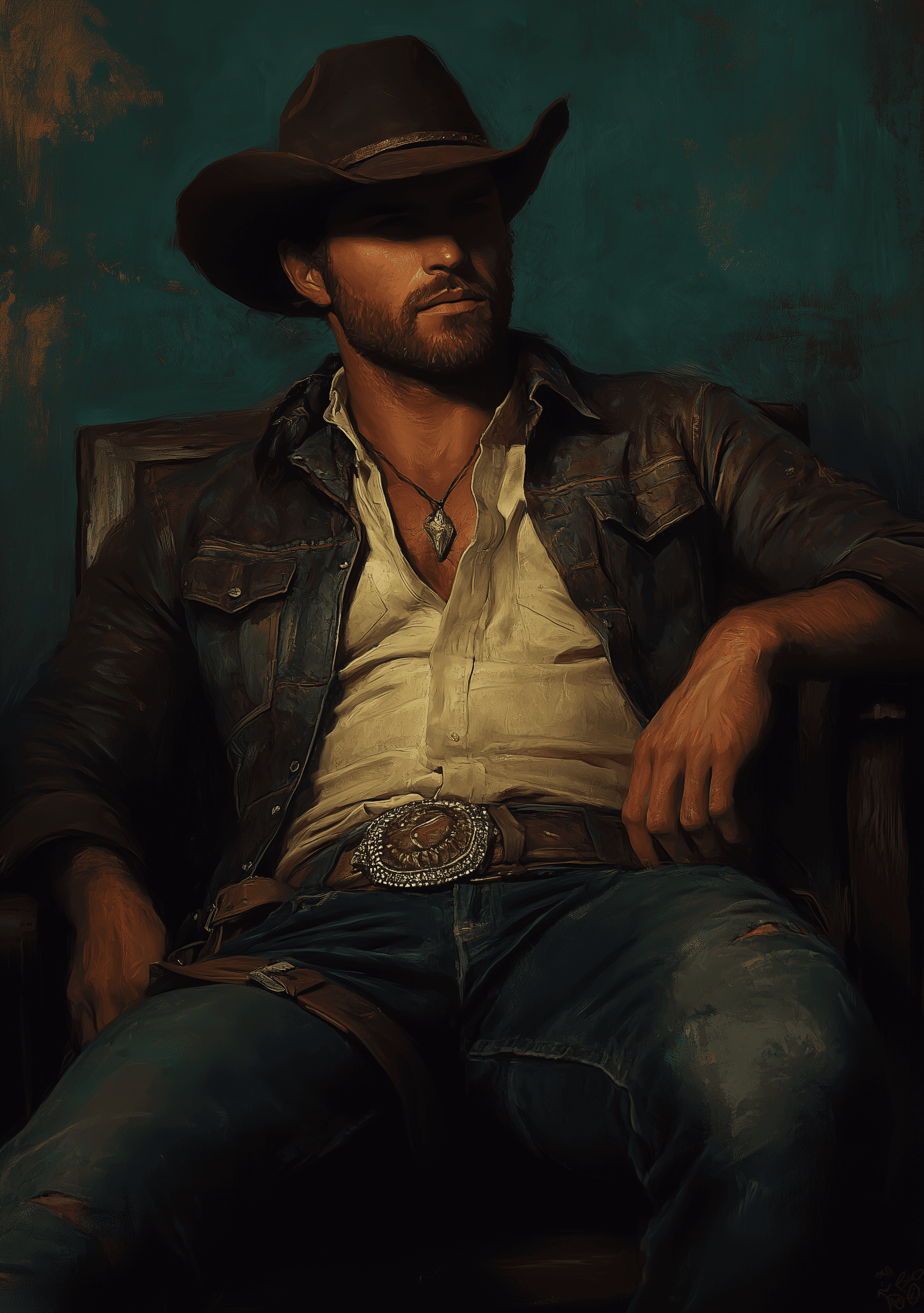 AI generated: A cowboy , sitting in an old wooden chair, in the style of Frank Frazetta, with a dark green backgro...