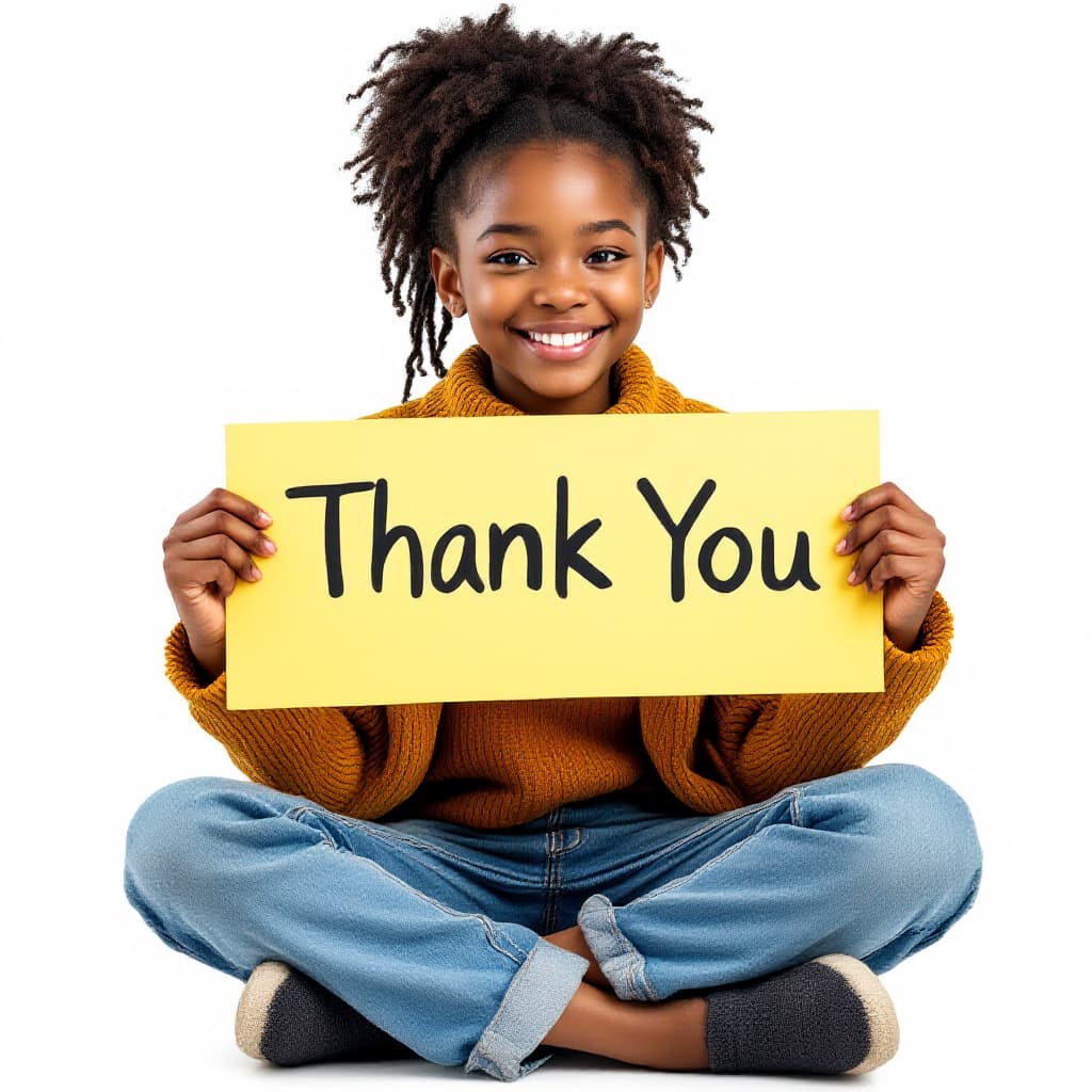 AI generated: highly detailed image of an african american girl sitting cross legged holding a 'Thank You' sign is...