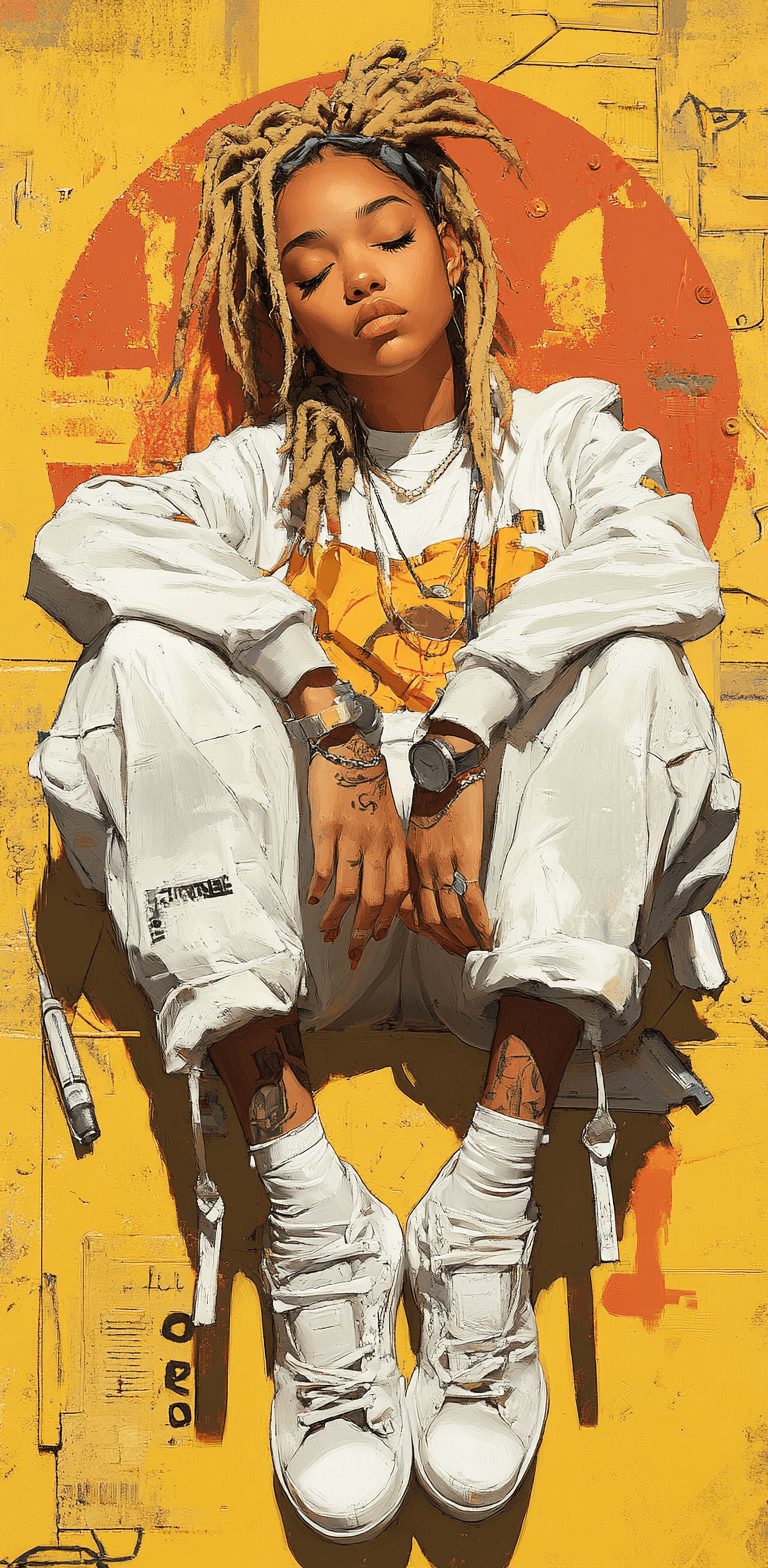 AI generated: full-body of a beautiful woman with blonde dreadlocks in the style of Frank Miller, wearing white st...