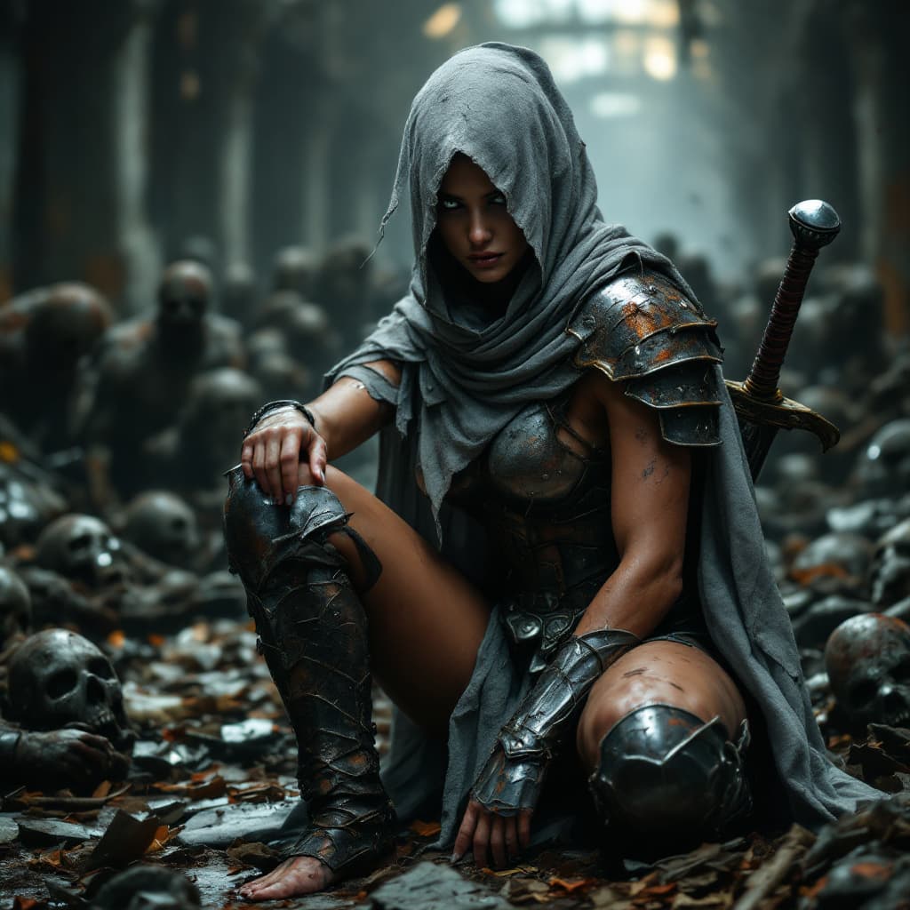 AI generated: A powerful female warrior fierce stance, partially obscured by a tattered gray cloak that drapes ove...