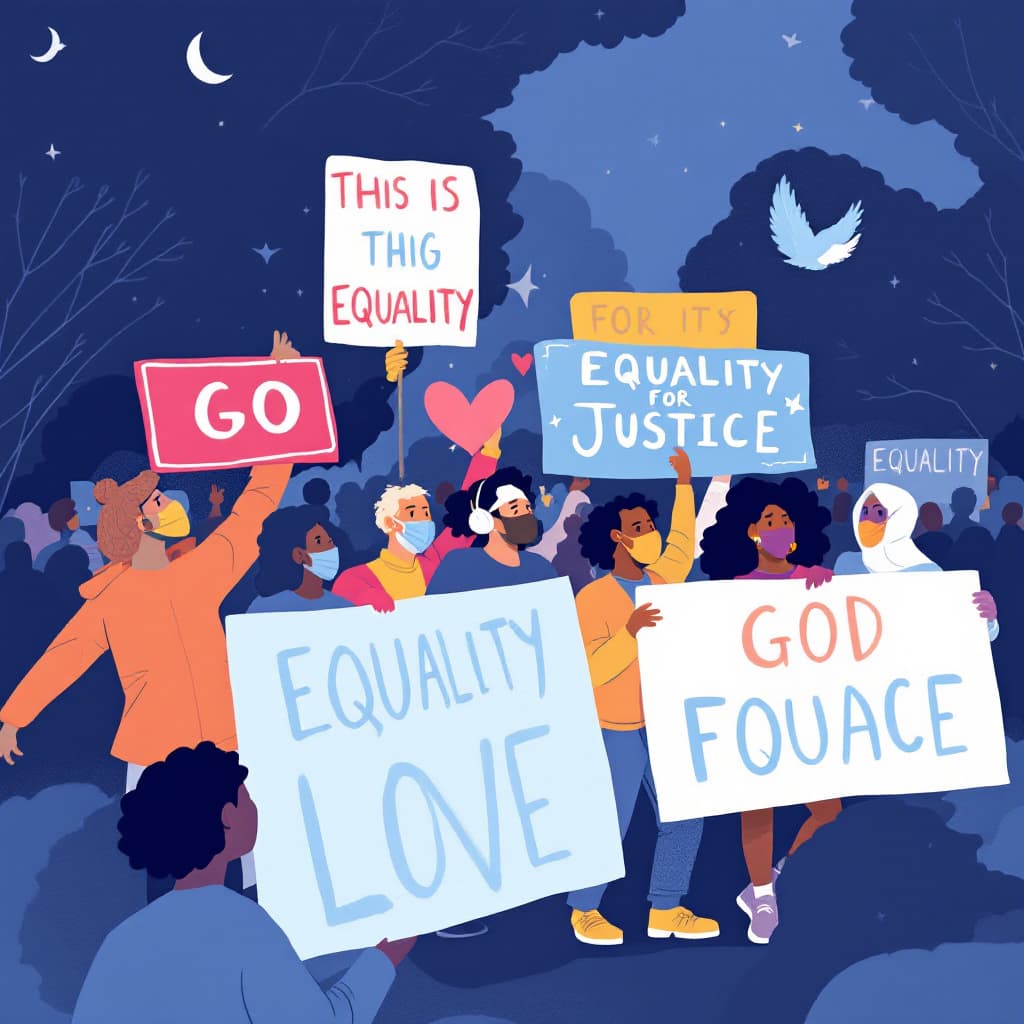 AI generated: 20240728153957list 2 Lofi illustration of a community rally with people holding 6 big signs advocati...