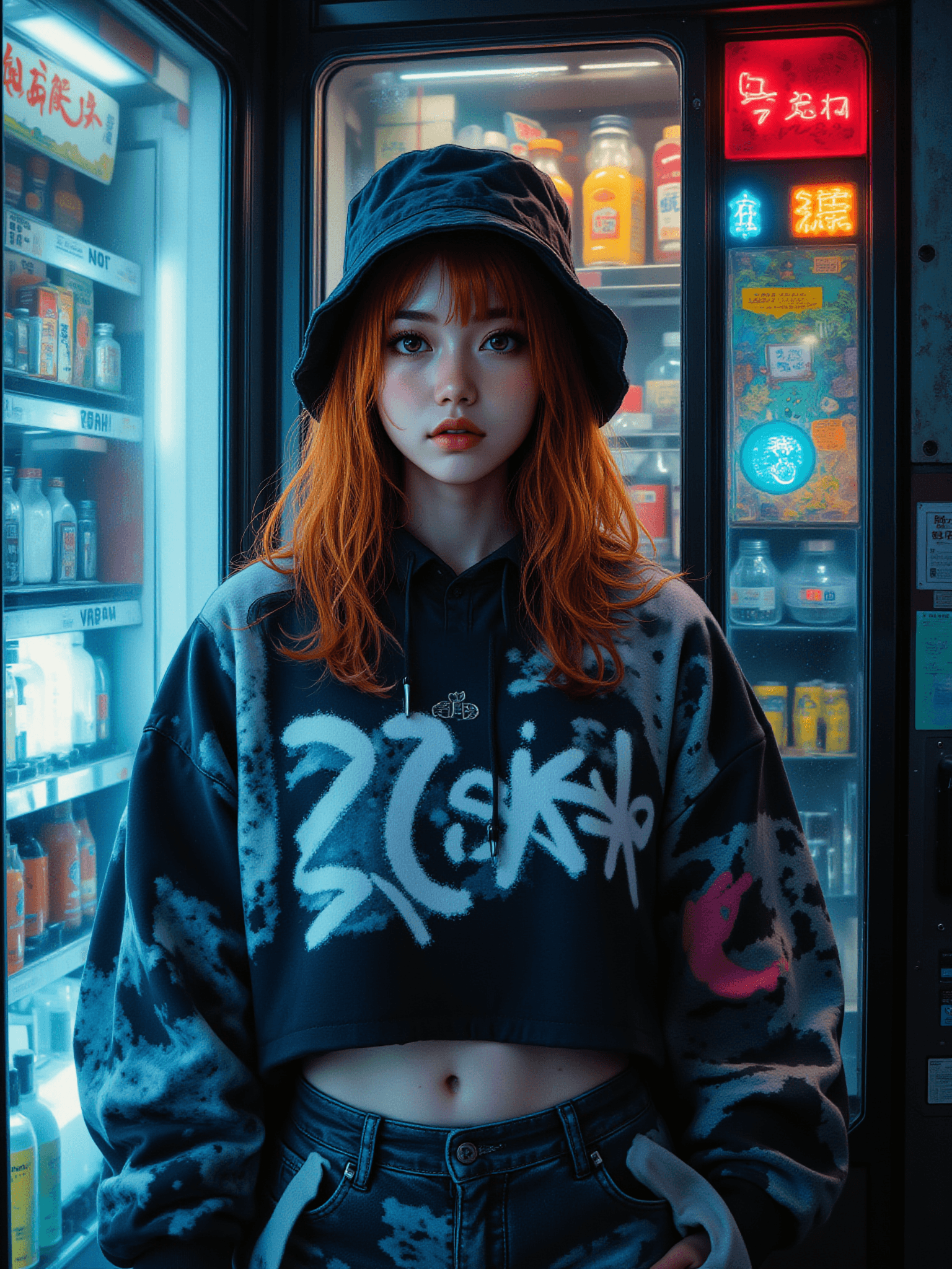 AI generated: A portrait picture of a Korean woman with waist-length wavy auburn hair, rocking hyper-baggy graffit...