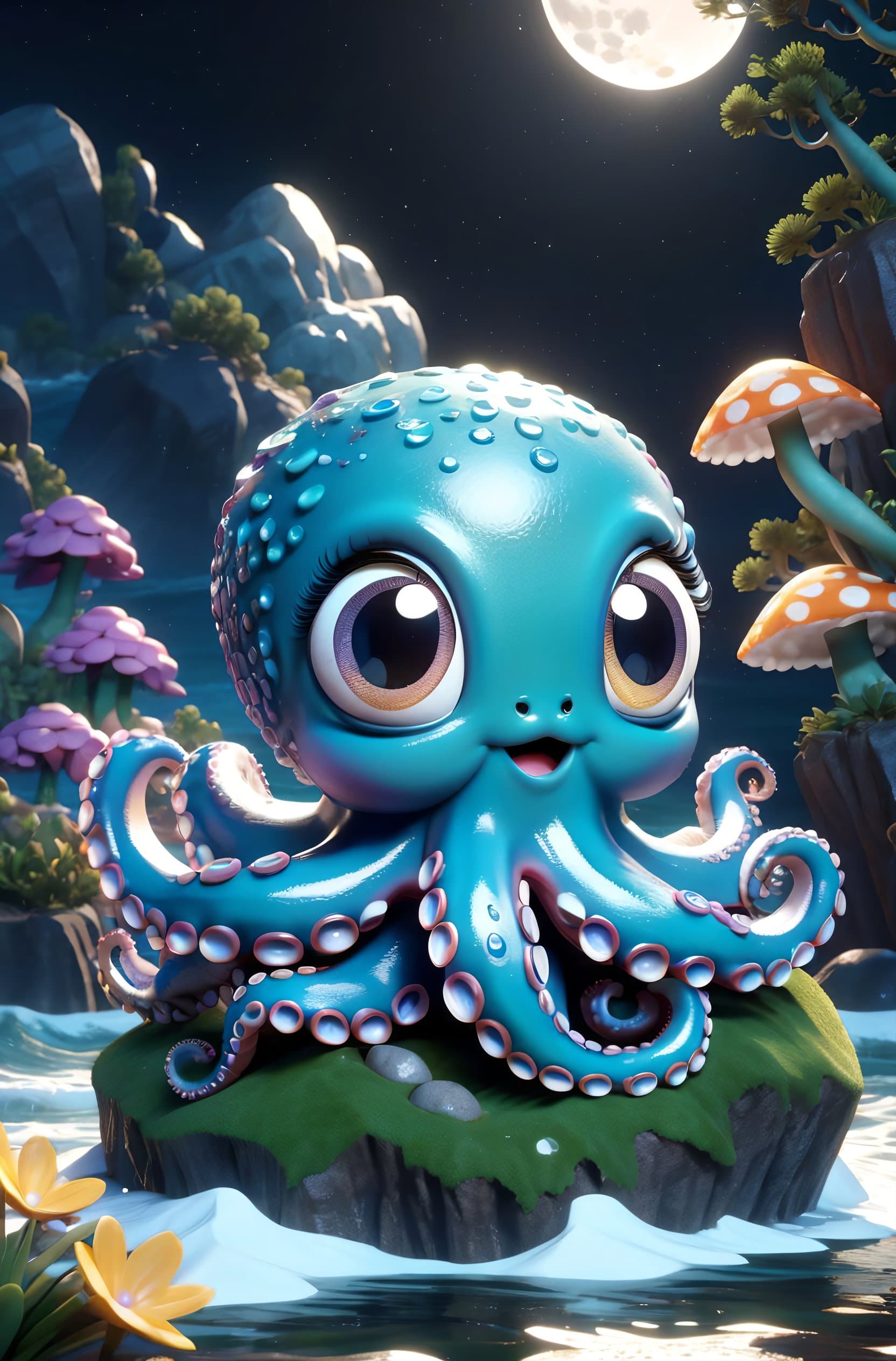 AI generated: insanely detailed, Cute octopus , floating on sea stormy waves and huge low poly rock, full moon in ...