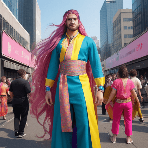 AI generated: {{A vibrant depiction of a 30-year-old young man}} with {{long, flowing hair and adorned in colorful...
