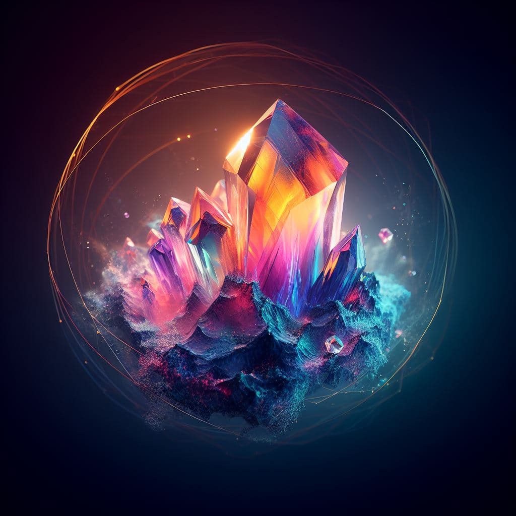 AI generated: A colorful glowing crystal on a cave, volumetric lighting, f:1. 2, 4k