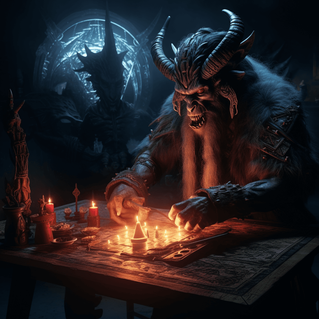 AI generated: ""An Ancient Black Magic SUMMONING, KRAMPUS Emerges for its yearly feast on a Halloween Dark Night w...