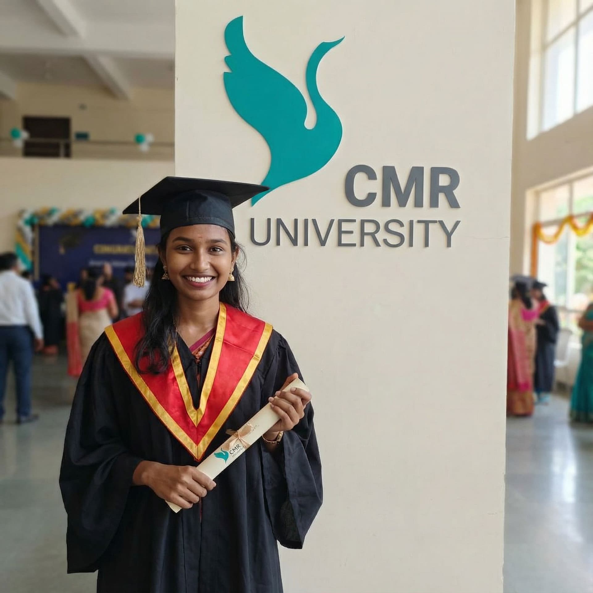 AI generated: Create my graduation image . with the graduation attire , cmr university logo on the background, and...