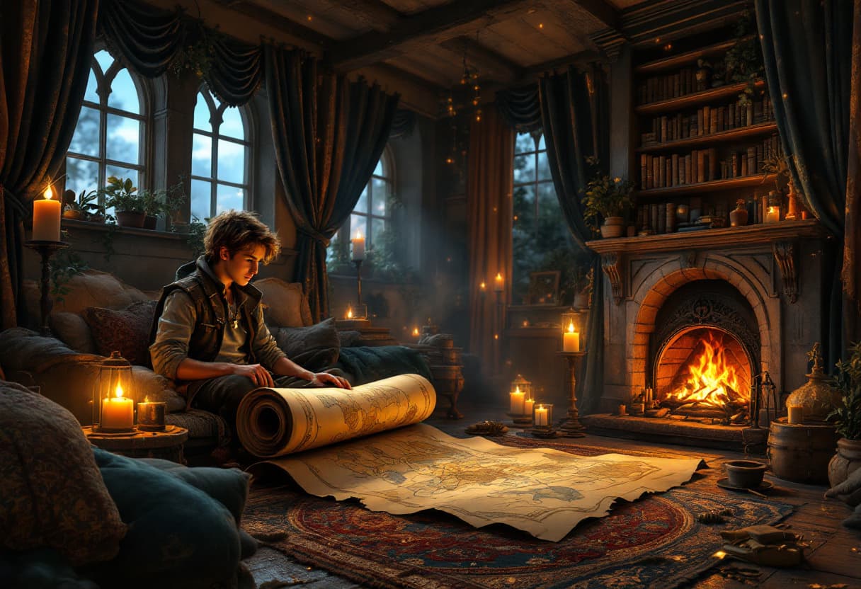 AI generated: /imagine prompt: A highly detailed, atmospheric scene of a young adventurer unrolling a glowing anci...