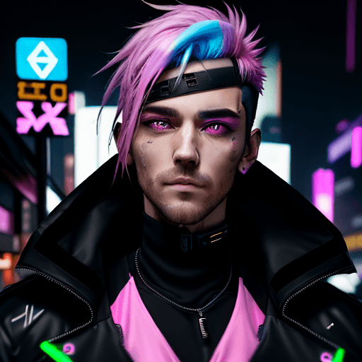 AI generated: A man with a handsome face and beautiful sleepy eyes wearing a black jacket and bright neon pink hai...