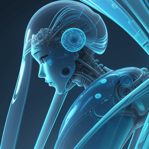AI generated:  robot girl in blue colors, in the style of hyperrealistic environments, colorful biomorphic forms, ...