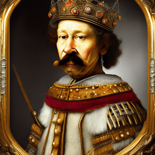 AI generated: realistic Rembrandt painting style A prince with a mustache sitting on a throne that every piece of ...