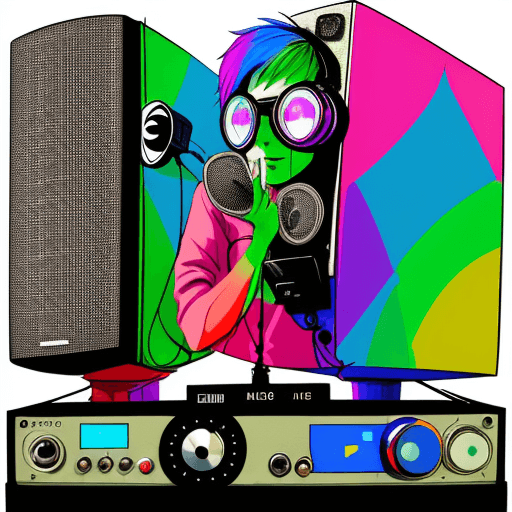 AI generated: Locutor de radio, con microfono, fondo de colores