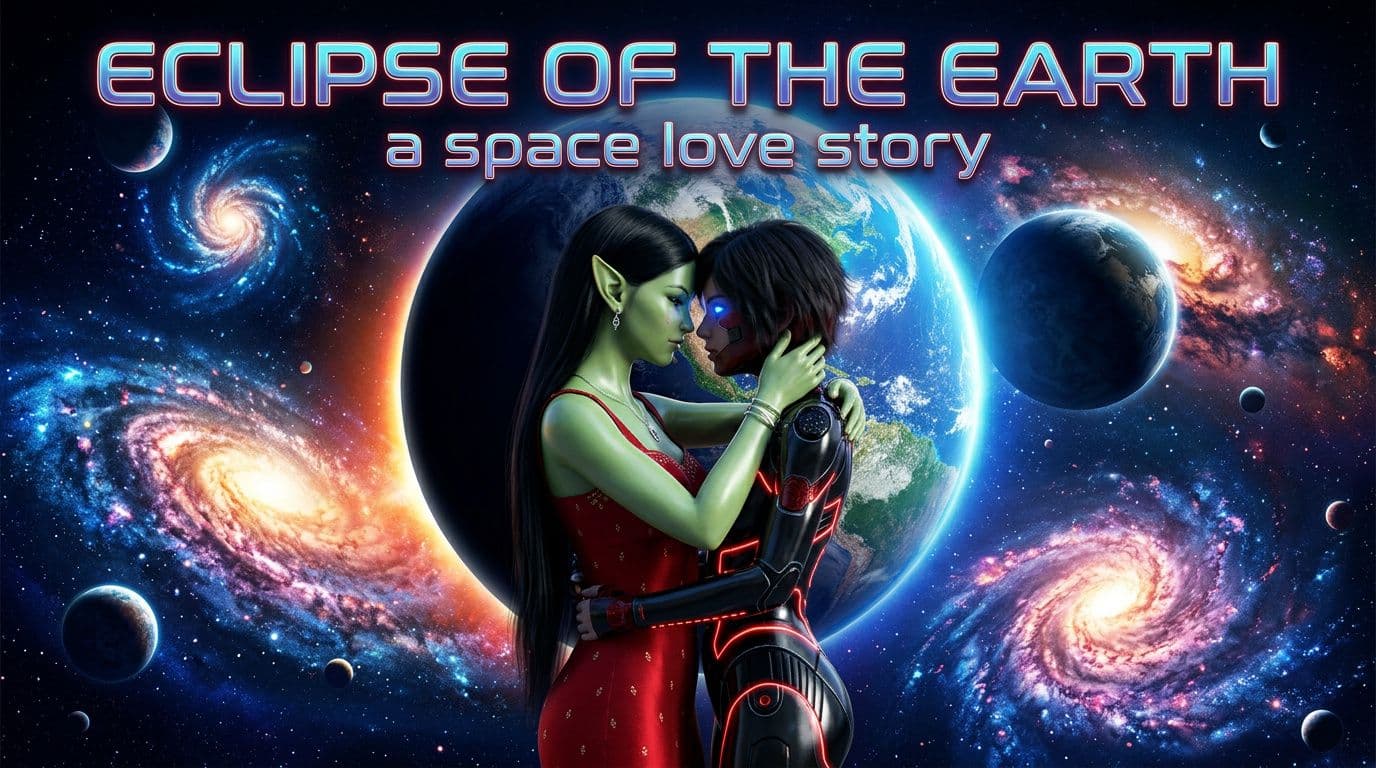 AI generated:  Make a movie poster in 16.9 with these two characters hugging in space with galaxies and planets. T...