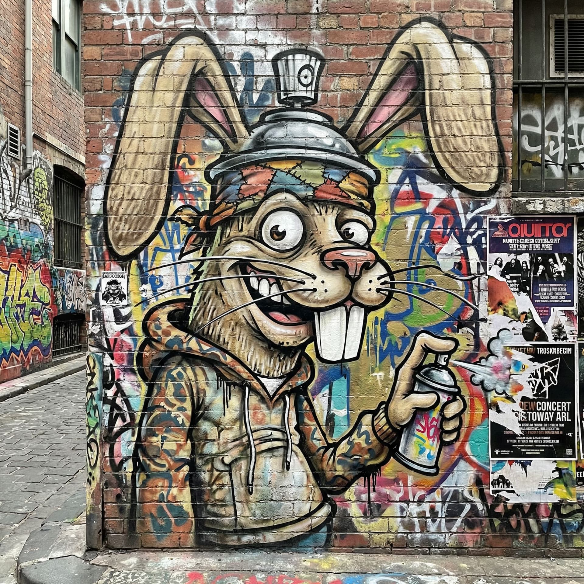 AI generated: funny caricature, graffiti rabbit, 15 years old, urban, edgy, mischievous, elongated ears and exagge...