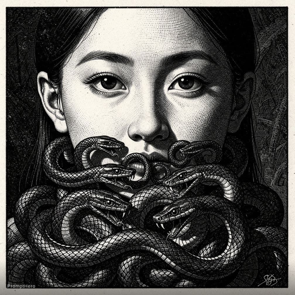 AI generated: Close-up of an Asian woman's face, vintage woodcut. The lower part of her face is transformed into a...