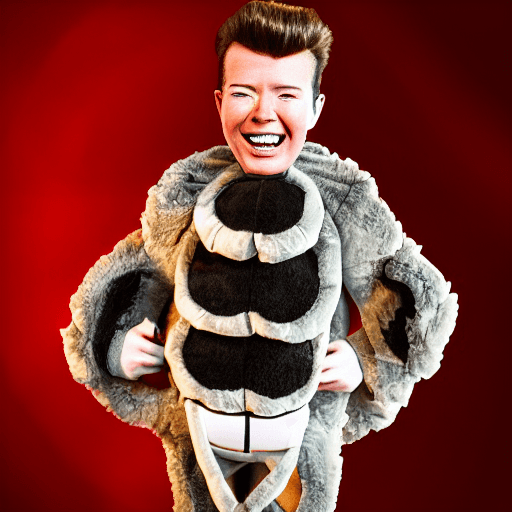 AI generated: rick astley wearing a plush spider costume, photorealistic, 4k
