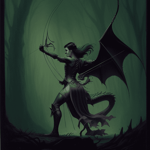 AI generated: A prince holding his bow and arrow protecting his beloved princess, a cruel and evil dragon is attac...